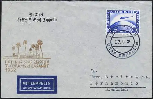 Zeppelin 1932 Dt. Reich 7. SAF Bordpost 27.9.32 Brasilien Brief Si 183 Ab/ 2391