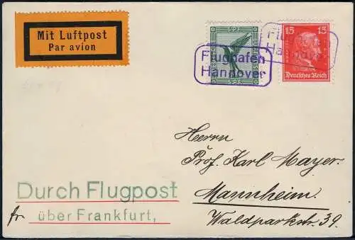 Dt. Reich 1927 Flugpost Brief Flughafen Hannover nach Mannheim / 603
