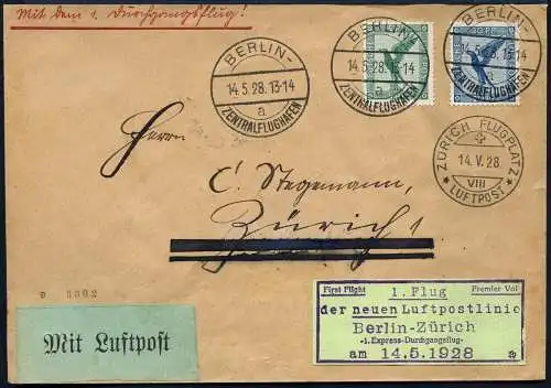 Dt. Reich 1928 Erstflug Berlin Zürich Expresslinie Brief Ankunftsstempel / 606