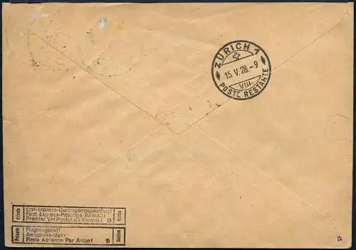 Dt. Reich 1928 Erstflug Berlin Zürich Expresslinie Brief Ankunftsstempel / 606