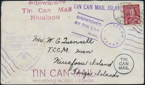Kanada 1937 Tin Can Mail Blechdosenpost Brief Keewatin Tonga Niuafo`ou / 934