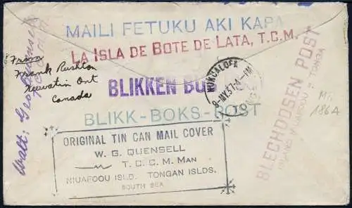Kanada 1937 Tin Can Mail Blechdosenpost Brief Keewatin Tonga Niuafo`ou / 934