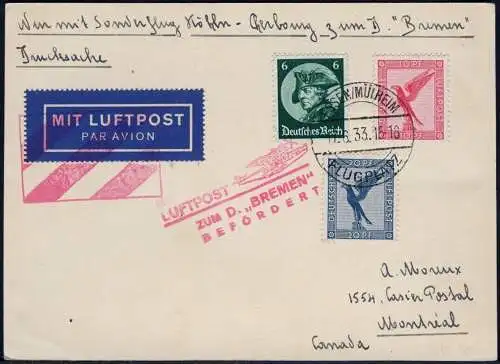 Dt. Reich 1933 Nachbringeflug Essen Köln Dampfer Bremen Montreal Kanada / 763