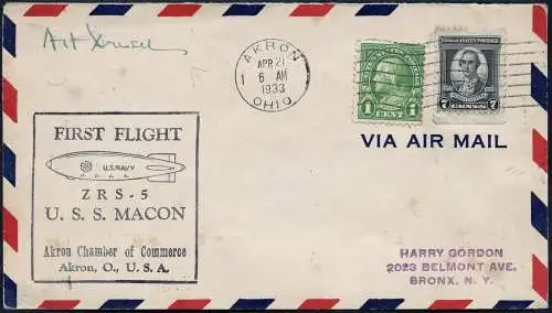 Zeppelin 1933 ZRS-5 USS Macon First Flight Akron Bronx Brief Signatur / 2277
