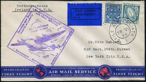 Irland 1939 First Flight Cover Yankee Clipper Nord-Route New York USA Brief/ 883