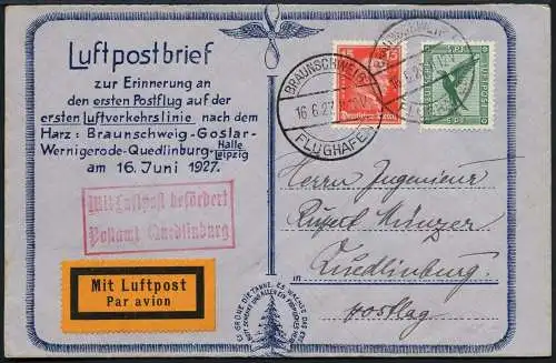 Dt. Reich 1927 Erstflug Harz ab Braunschweig Quedlinburg Sonderumschlag / 609