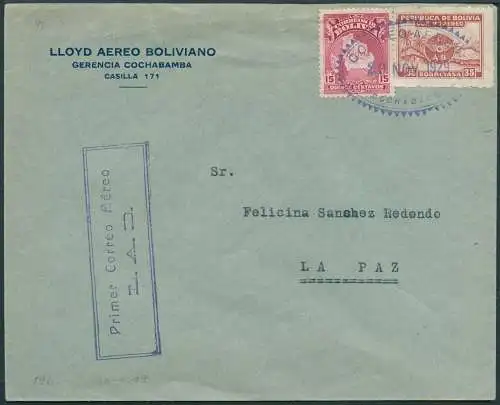 Bolivien Bolivia 1929 Erstflugbrief Inland Early First Flight Cover La Paz / 95