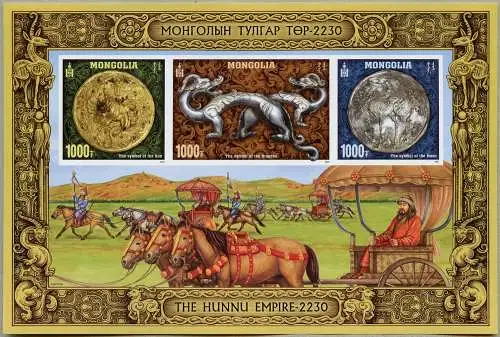 Mongolei 2021 Hunnen Drachen Mond- und Sonnensymbole Pferde Block U Imperf MNH