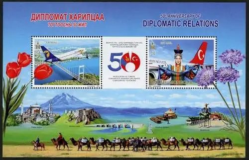 Mongolei Mongolia 2019 Block Türkei Luftfahrt Flagge Tulpe Burg Brücke MNH