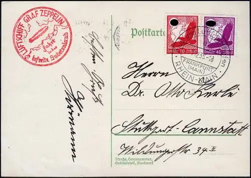 Zeppelin 1938 Dt. Reich Sudetenlandfahrt FFM Stuttgart Cannstatt Si 456 / 2410