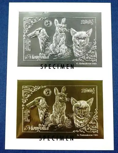 Mongolei Mongolia 1993 Hund Katze Kaninchen 2473-74 Block Probedruck Specimen/52