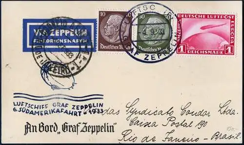 Zeppelin 1933 Dt. Reich 6. SAF Bordpost 4.9.33 Karte Rio Si 229 Ab / 2284