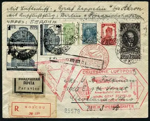 Zeppelin Russland UdSSR 1933 Chicagofahrt Reko-Brief Akron USA Si 238 E/ 810 RAR