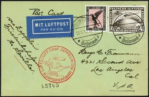 Zeppelin Dt. Reich 1930 SAF Karte Friedrichshafen Sevilla USA 5 RM Si 57 I /1498