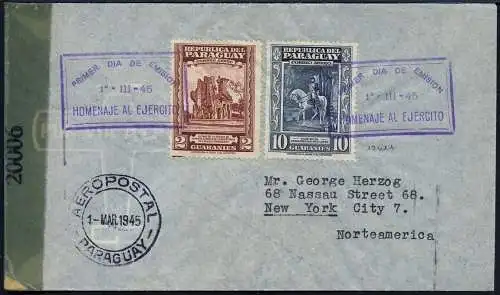 Paraguay 1945 Reko-FDC 570 + 572 Höchstwert 10 G New York USA Zensur / 328