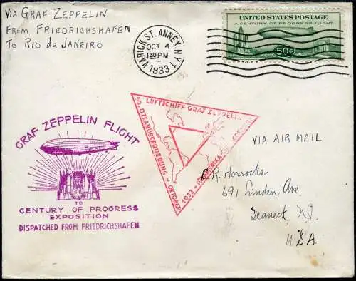 Zeppelin 1933 USA Chicagofahrt F`hafen Rio de Janeiro USA Brief Si 241 A / 2416