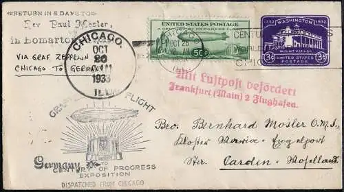Zeppelin 1933 USA Chicagofahrt Chicago F`hafen Carden Brief Si 244 C / 2418