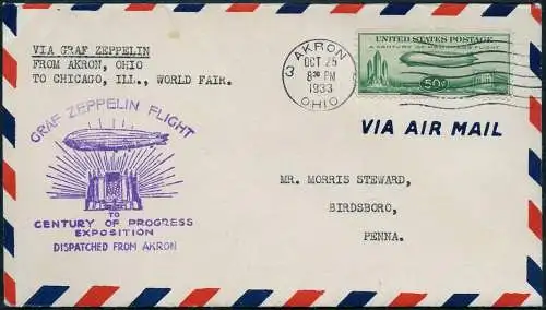 Zeppelin USA 1933 Chicagofahrt Brief Akron Chicago Birdsboro Si 243 A / 1743