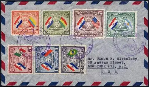 Paraguay 1945 Reko-FDC Flugpost 578-584 Flaggen Asuncion New York USA / 327