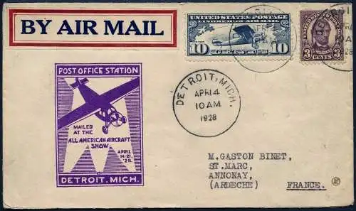 USA 1928 All American Aircraft Show Brief mit Vignette Paris Frankreich / 528