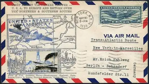 USA 1939 First Flight Cover Clipper Crosby Cachet New York Marseille Germany/882