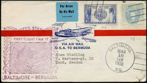 USA 1938 First Flight FAM 17 Baltimore Bermuda nach Lund Schweden Brief / 880