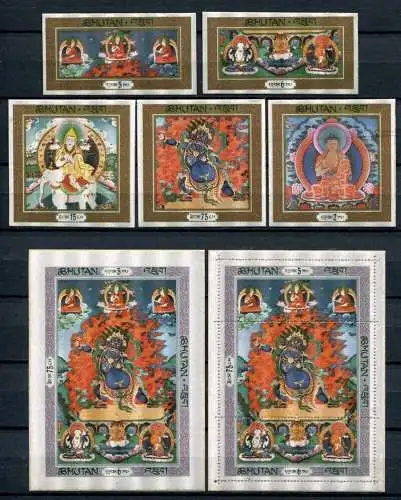 Bhutan 1969 Thangka Seide Buddhist Prayer Banners Silk 305-309 Block 31 A/B MNH