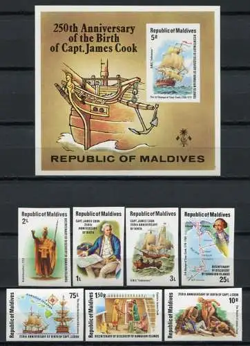 Malediven Maldive 1978 James Cook Schiffe Entdecker 772-778 Block 51 B Imperf
