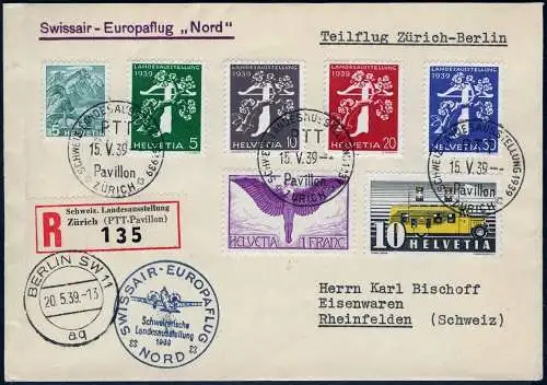 Schweiz 1939 Swissair Europaflug Nord Landesausstellung Berlin Reko-Brief/ 583