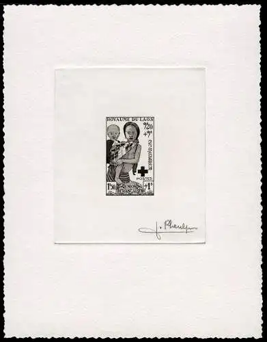 Laos 1953 Rotes Kreuz Red Cross Artist Die Proof in black signed Pheulpin /84