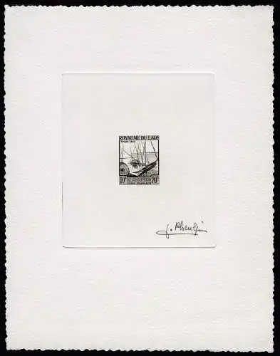 Laos 1952 Boat Postage Due 10 $ Artist Die Proof in black signed Pheulpin /99