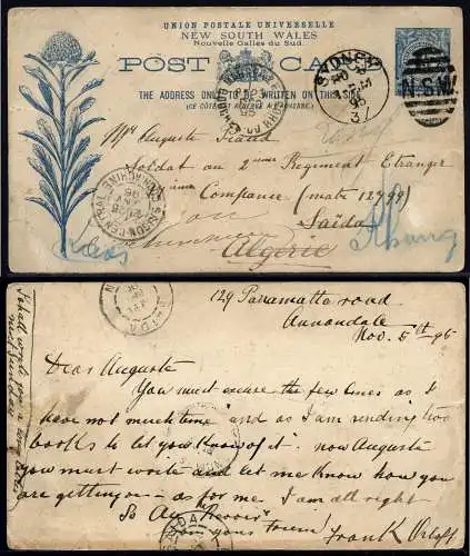 New South Wales 1895 Postkarte nach Algerien Frankreich Saigon Laos Kambodscha 3