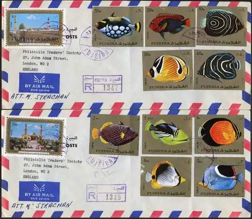 Fujeira 1973 Exotische Fische 1380-1389 B Ungezähnt auf 2 Reko-Briefen / 793