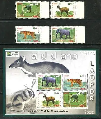 Laos Lao 2011 Geschützte Tiere Elefanten Affe Tiger 2214-2217 Block 234 MNH