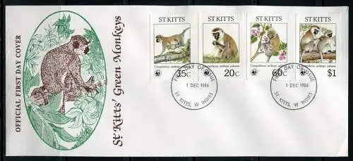 St. Kitts 1986 WWF Affen Monkeys Landes-FDC First Day Cover