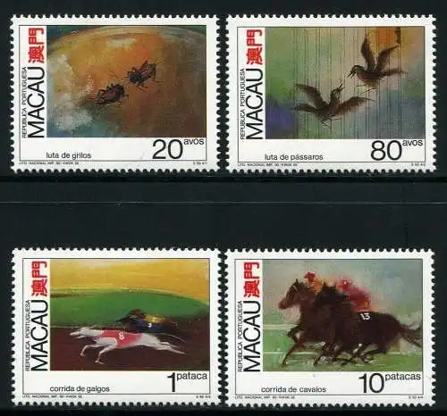 Macau Macao 1990 Tierwettkämpfe Grillen Singvögel Windhunde Pferde 663-666 MNH