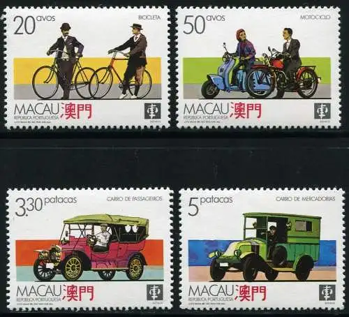 Macau Macao 1988 Transportmittel Fahrräder PKW Lieferwagen Motorrad 596-599 MNH