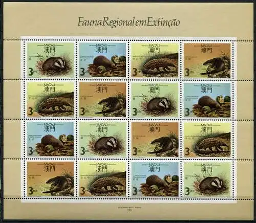 Macau 1988 Säugetiere Fischotter Igel Dachs Schuppentier 589-592 Kleinbogen MNH