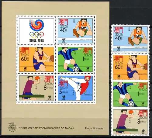 Macau 1988 Olympiade Seoul Olympische Spiele Fußball 601-604 + Block 9 MNH