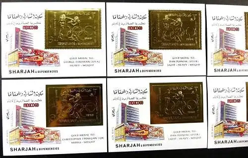 Sharjah 1968 Olympiade Mexico Block 45 A/B Aufdrucke (8) Sieger Gewinner MNH