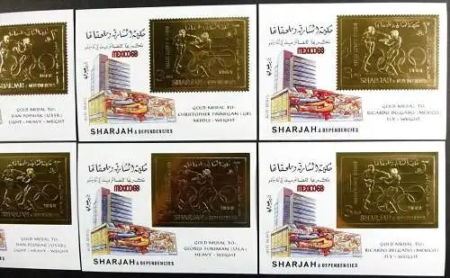 Sharjah 1968 Olympiade Mexico Block 45 A/B Aufdrucke (8) Sieger Gewinner MNH