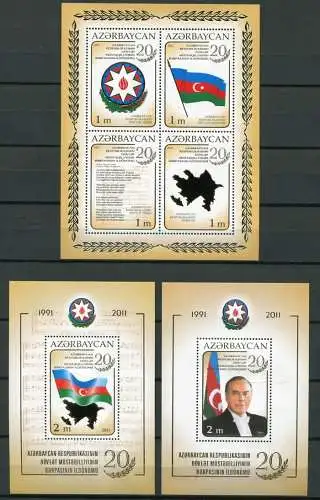 Aserbaidschan Azerbaijan 2011 Unabhängigkeit Flagge Hymne Flag Block 102-104 MNH