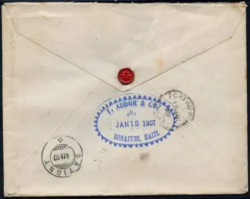 Haiti 1907 Reko-Brief Gonaives via USA und Frankreich nach Satigny Schweiz / 44