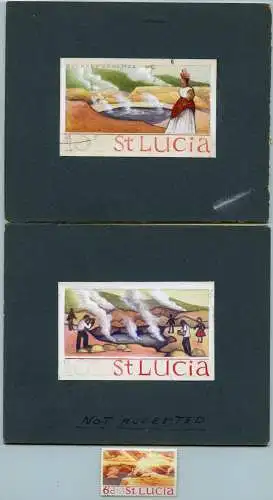 St. Lucia 1970 Original-Entwürfe Freimarke Schwefelquellen auf Karton RAR