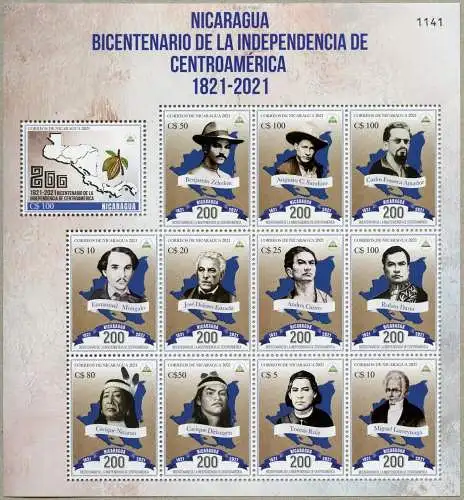 Nicaragua 2021 Unabhängigkeit Landkarte Sandino Ruben Dario Indianer MNH