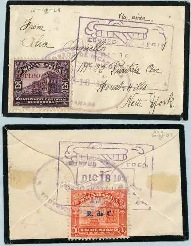 Nicaragua 1929 Kleinformatiger Trauerbrief Luftpost Granada New York USA / 108