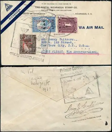 Nicaragua 1929 First Flight Cover Managua - Miami - New York USA / 102