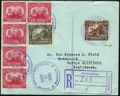 Nicaragua 1930 Reko-Brief via Flugpost Managua Großbritannien UK / 110