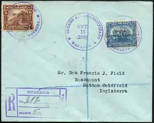 Nicaragua 1930 Reko-Brief via Flugpost Managua Großbritannien UK / 111