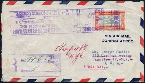 Nicaragua 1945 Reko-FDC Kolumbus-Leuchtturm 90c nach New York USA / 329